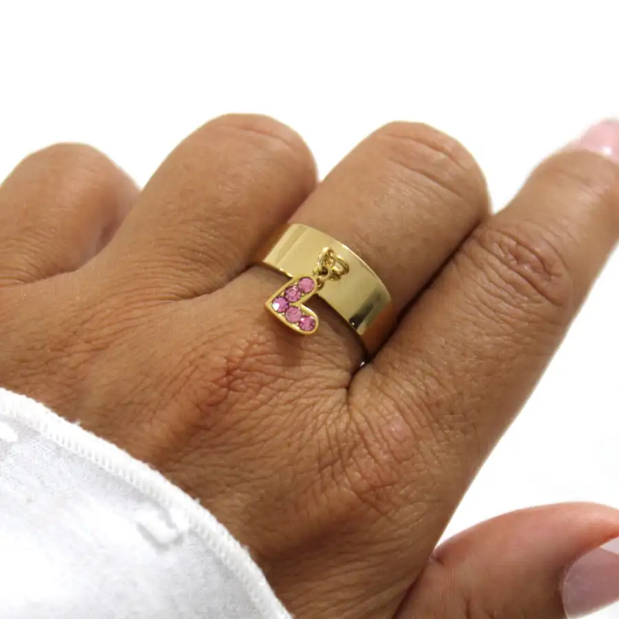 Bague Breloque COEUR ROSE ZIRCONS ACIER INOXYDABLE – Image 3