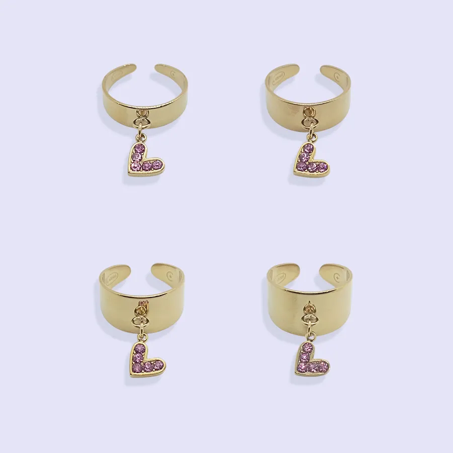 Bague Breloque COEUR ROSE ZIRCONS ACIER INOXYDABLE